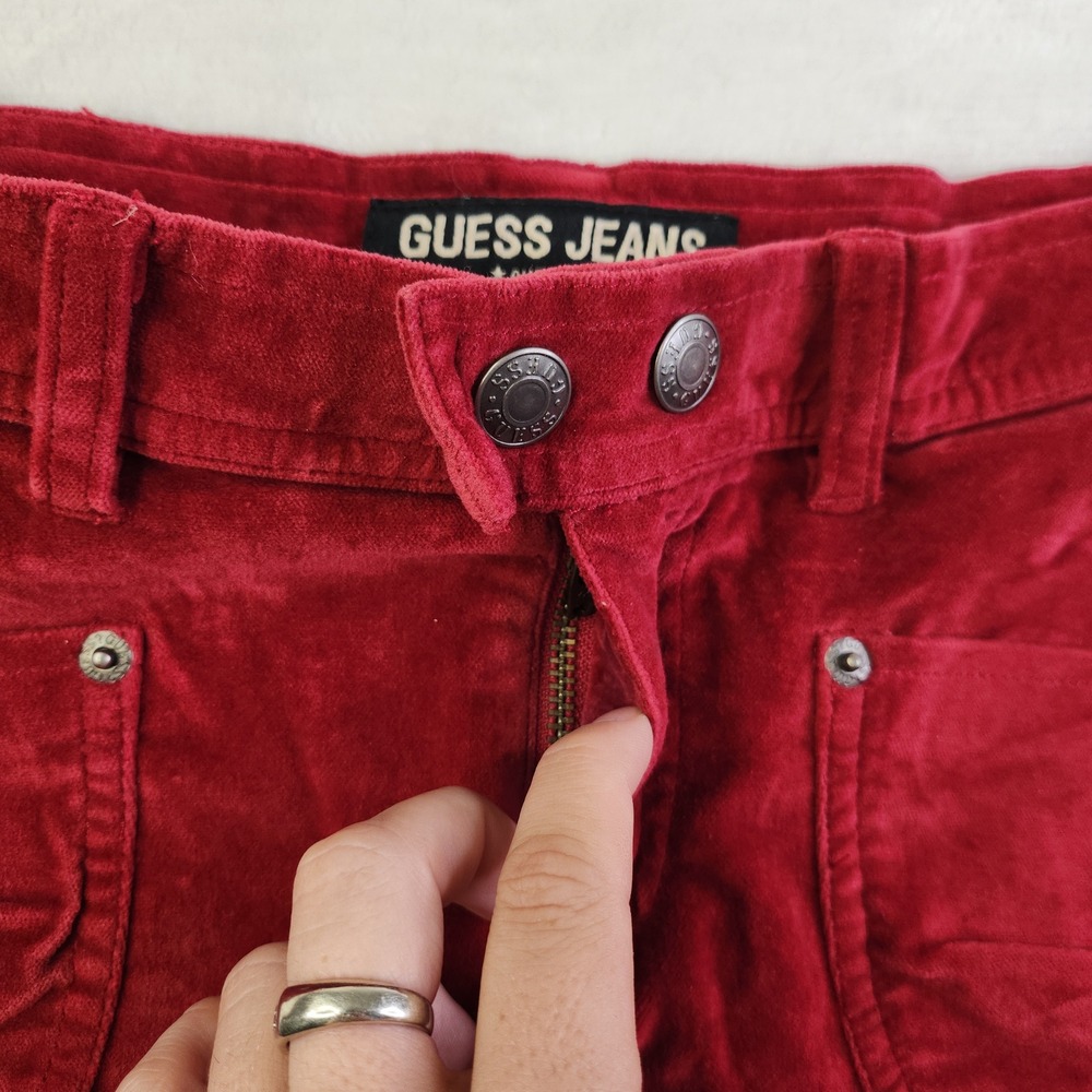 Vintage 90s Guess Velour Micro Mini Skirt Womens 27 Red Cargo Utility Whimsigoth - Picture 5 of 13
